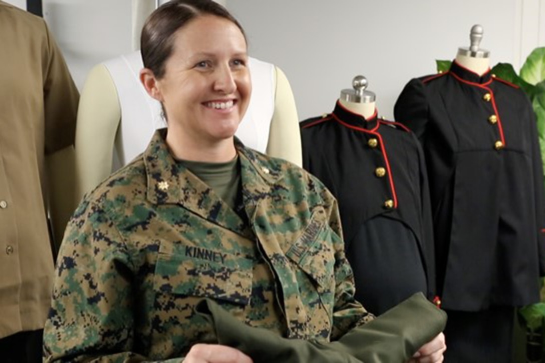 Maj. Calleen Kinney provides her assessment of the Marine Corps’ modified maternity uniform items aboard Marine Corps Base Quantico, Va, March 4, 2021. In April 2021, MCSC will begin gradually releasing a series of updated maternity items in response to concerns about fit, comfort and appearance.