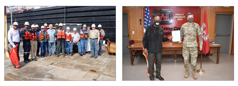 (left photo) Heavy Mobile Equipment Mechanic Leader Robert Woods (center) and crew prepares for a safety meeting preceding the undocking of Revetment Mooring Barge 7401. (USACE photo by Brenda Beasley) (right photo) Memphis District Commander Col. Zachary Miller presents Heavy Mobile Equipment Mechanic Leader Robert Woods (left) with a service award on his 40 year anniversary. Congratulations again to Mr. Robert Woods, and many thanks for your dedicated service to the Memphis District, the Mississippi Valley Division, and the U.S. Army Corps of Engineers.