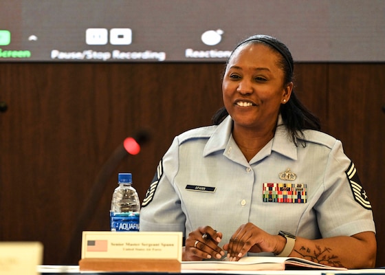 Air Force Senior Master Sergeant Laquetta Spann, 374th Operations Support Squadron chief radar approach controller, Yakota Air Base, Japan, provides remarks as panel speaker
during Pacific Air Forces’ first Women, Peace, and Security symposium, hosted from Joint Base Pearl Harbor–Hickam, Hawaii, March 30, 2021 (U.S. Air Force/Nick Wilson)