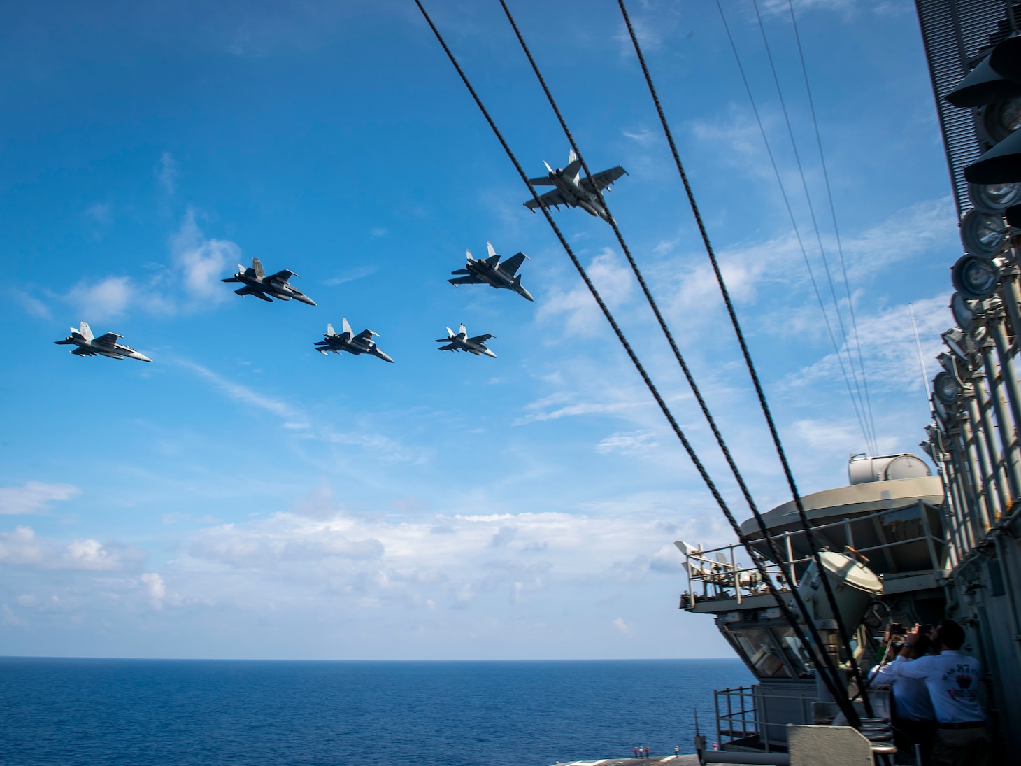 Aircraft from Carrier Air Wing (CVW) 11 and the Royal Malaysian Air Force (RMAF) fly above the aircraft carrier USS Theodore Roosevelt (CVN 71).