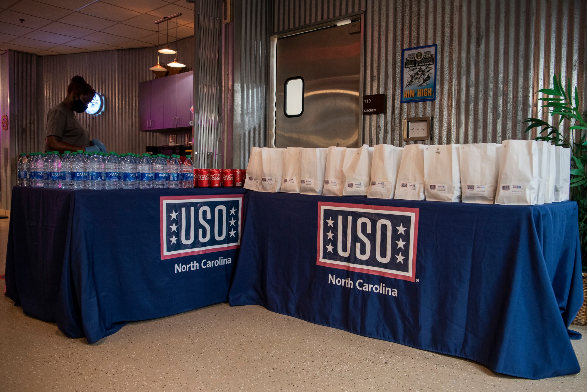 The USO of North Carolina provides food during its reopening at Seymour Johnson Air Force Base, North Carolina, April 01, 2021.