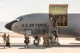 U.S. Airmen from the 151st Air Refueling Wing load on to a KC-135 Stratotanker at Roland R. Wright Air National Guard Base, Salt Lake City, Ut. April 6, 2020. The Guardsmen are deploying to support the U.S. Central Command's area of responsibility. (U.S. Air National Guard photo by Tech. Sgt. Colton Elliott)