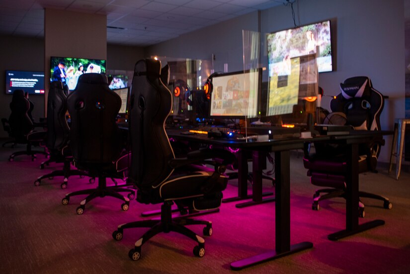 The USO of North Carolina’s reopening showcases their newly installed gaming computers during their reopening at Seymour Johnson Air Force Base, North Carolina, April 01, 2021
