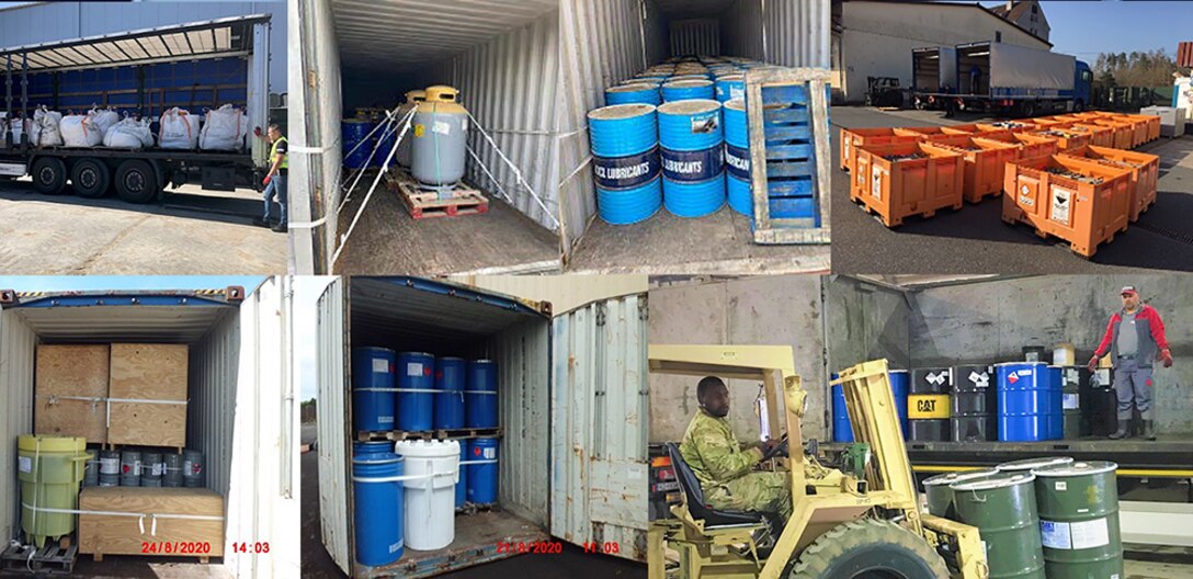 Various images of barrels, drums and boxes of hazardous waste packaged for removal from U.S. bases.