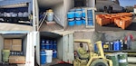 Various images of barrels, drums and boxes of hazardous waste packaged for removal from U.S. bases.