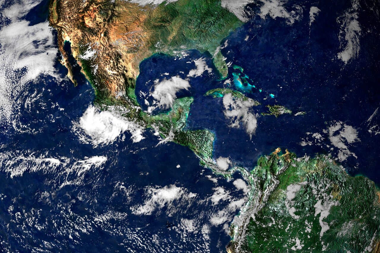 Satellite imagery of parts of North and South American and Central America.