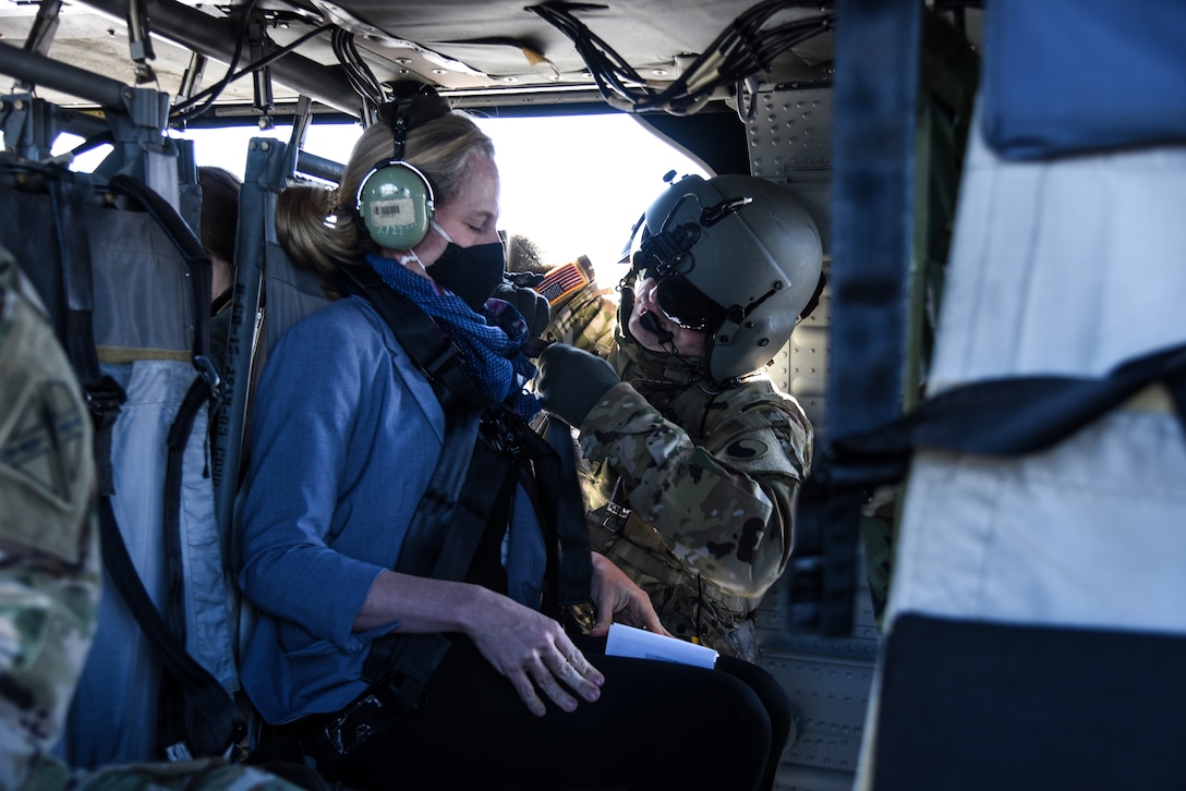 U.S. Rep. Abigail Spanberger visits the Virginia National Guard’s Army Aviation Support Facility March 29, 2021, near the Richmond International Airport. Spanberger was joined by a member of Rep. Ben Cline’s staff and received briefings from Maj. Gen. Timothy P. Williams, the Adjutant General of Virginia, and other VNG senior leaders to discuss the complex mission of the VNG’s aviation assets and the need for a new aviation support facility. The group also toured the current AASF, and conducted an aerial tour of the proposed location for the future facility, as well as key VNG facilities in the Richmond area. (U.S. Army National Guard photo by Sgt. 1st Class Terra C. Gatti)