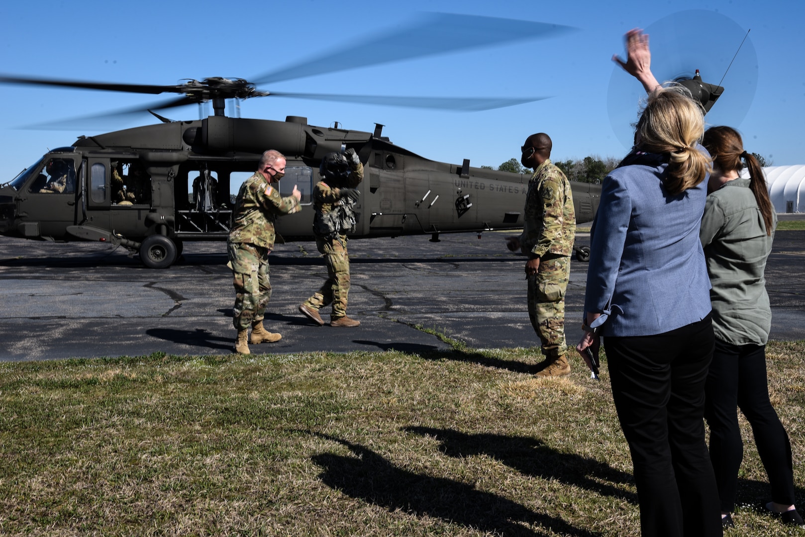 U.S. Rep. Abigail Spanberger visits the Virginia National Guard’s Army Aviation Support Facility March 29, 2021, near the Richmond International Airport. Spanberger was joined by a member of Rep. Ben Cline’s staff and received briefings from Maj. Gen. Timothy P. Williams, the Adjutant General of Virginia, and other VNG senior leaders to discuss the complex mission of the VNG’s aviation assets and the need for a new aviation support facility. The group also toured the current AASF, and conducted an aerial tour of the proposed location for the future facility, as well as key VNG facilities in the Richmond area. (U.S. Army National Guard photo by Sgt. 1st Class Terra C. Gatti)