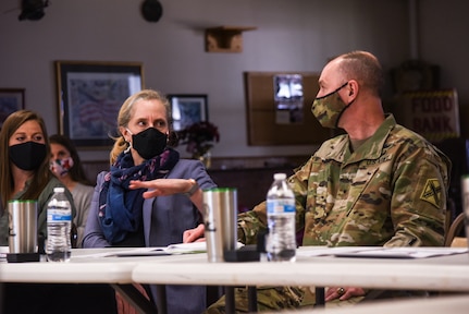 U.S. Rep. Abigail Spanberger visits the Virginia National Guard’s Army Aviation Support Facility March 29, 2021, near the Richmond International Airport. Spanberger was joined by a member of Rep. Ben Cline’s staff and received briefings from Maj. Gen. Timothy P. Williams, the Adjutant General of Virginia, and other VNG senior leaders to discuss the complex mission of the VNG’s aviation assets and the need for a new aviation support facility. The group also toured the current AASF, and conducted an aerial tour of the proposed location for the future facility, as well as key VNG facilities in the Richmond area. (U.S. Army National Guard photo by Sgt. 1st Class Terra C. Gatti)