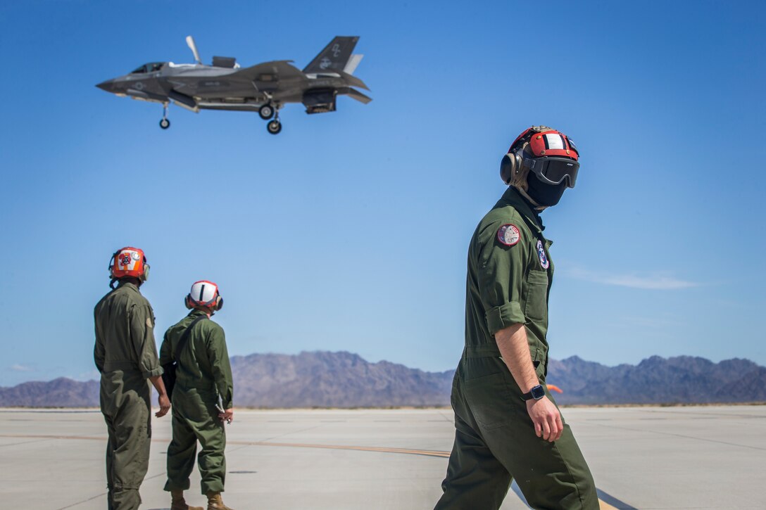 U.S. Marines with Marine Aircraft Group (MAG) 13 conduct refueling operations during a Strike Coordination and Reconnaissance (SCAR) mission aboard a simulated naval vessel at KNOZ range, Yuma, AZ., March 4, 2021. The large-force exercise was implemented in order to project the capabilities of "island hopping" and consisted of multiple MAG-13 assets, including ground support from Marine Wing Support Squadron (MWSS) 371 and aircraft from Marine Fighter Attack Squadron (VMFA) 122. (U.S. Marine Corps photo by Lance Cpl John Hall)