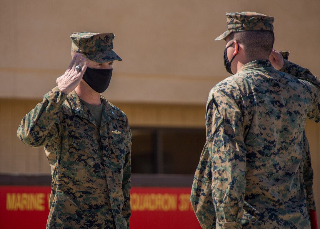 U.S. Navy Hospital Corpsman Third Class Randall Lambert reports in to receive a Navy and Marine Achievement Metal at Cannon Air Defense Complex in Yuma Ariz. Mar 5 2021. The Navy and Marine Achievement Medal is awarded for superior performance of a service member's duties. ( U.S. Marine Corps photo by Lance Cpl. Carlos Kealy)