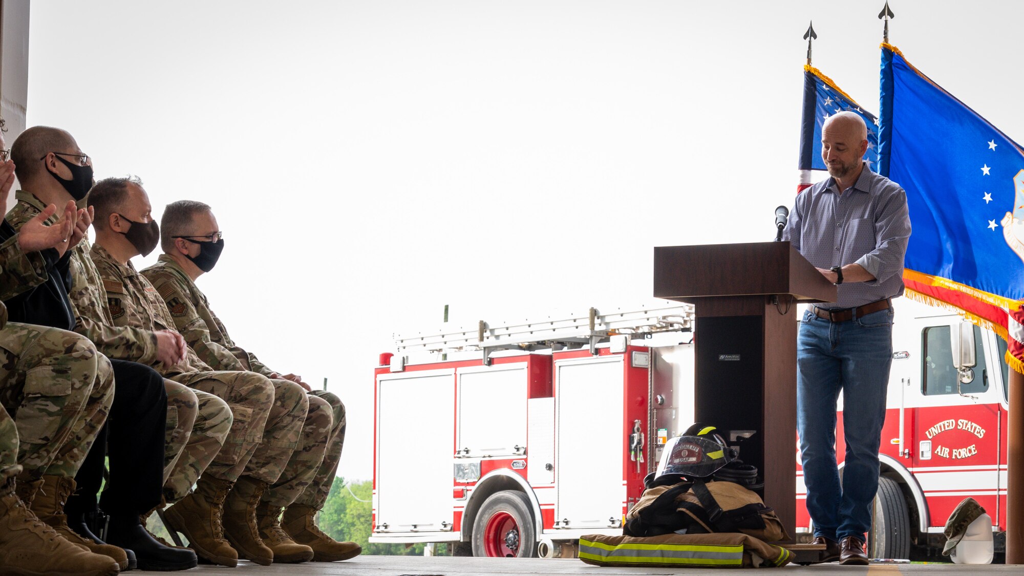 Darin Bailey, Naval Facilities Engineering Systems Command resident engineer, addresses attendees of the ribbon cutting ceremony for Fire Station Two at Barksdale Air Force Base, Louisiana, April 7, 2021.