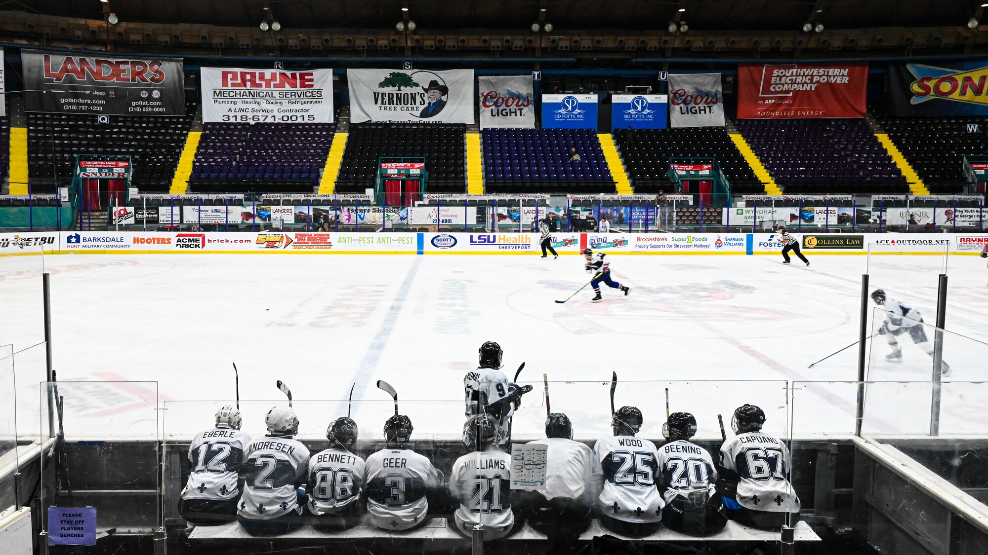 The Barksdale Bombers hockey team competes for the Mudbug Adult Hockey League championship at Hirsch Memorial Coliseum in Shreveport, Louisiana, March 31, 2021.
