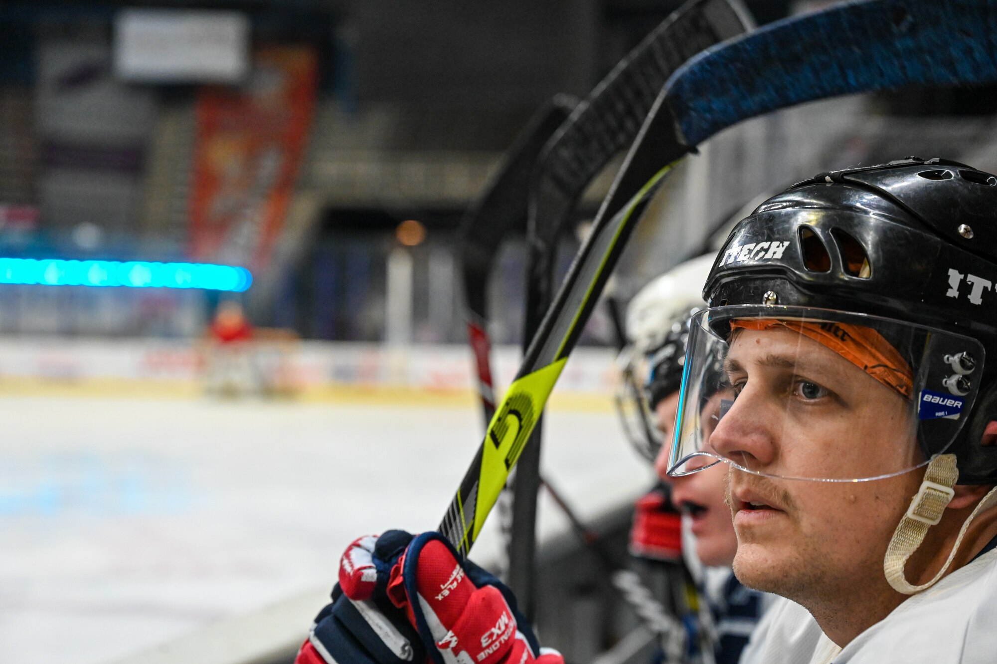 Maj. Jeffrey Sovern, Barksdale Bombers hockey team member, watches his team compete for the Mudbug Adult Hockey League championship at Hirsch Memorial Coliseum in Shreveport, Louisiana, March 31, 2021.