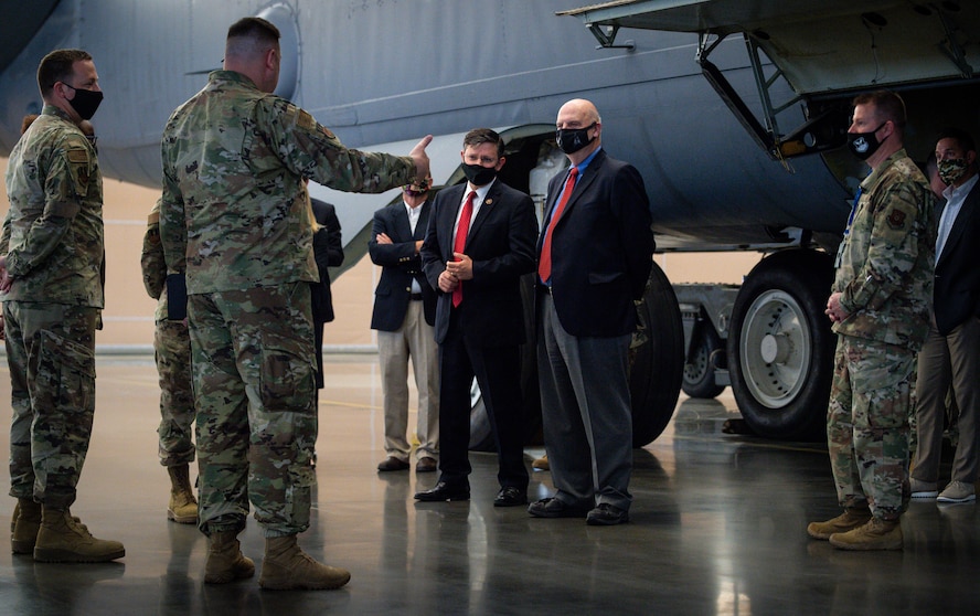 Rep. Mike Johnson, 4th Congressional District of Louisiana congressman, and Honorable John P. Roth, acting Secretary of the Air Force, tour a B-52H Stratofortress at Barksdale Air Force Base, Louisiana, April 6, 2021.