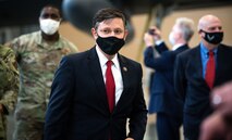 Rep. Mike Johnson, 4th Congressional District of Louisiana congressman, is briefed by 2nd Maintenance Group Airmen during a tour at Barksdale Air Force Base, Louisiana, April 6, 2021.