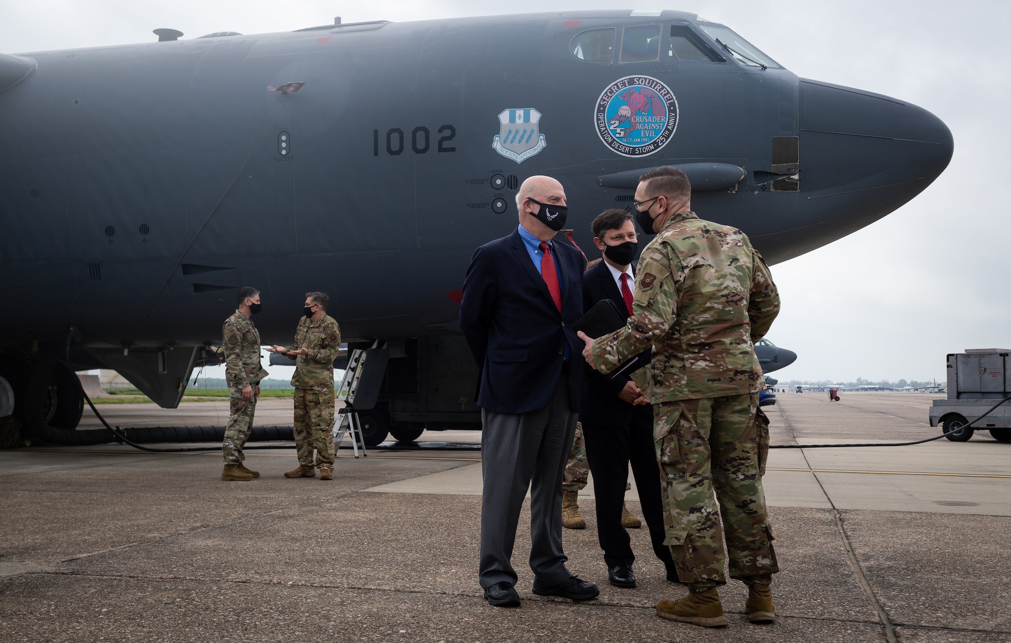 Rep. Mike Johnson, 4th Congressional District of Louisiana congressman, and Honorable John P. Roth, acting Secretary of the Air Force, are briefed by Chief Master Sgt. Brent T. Chadick, 2nd Bomb Wing command chief, during a tour at Barksdale Air Force Base, Louisiana, April 6, 2021.