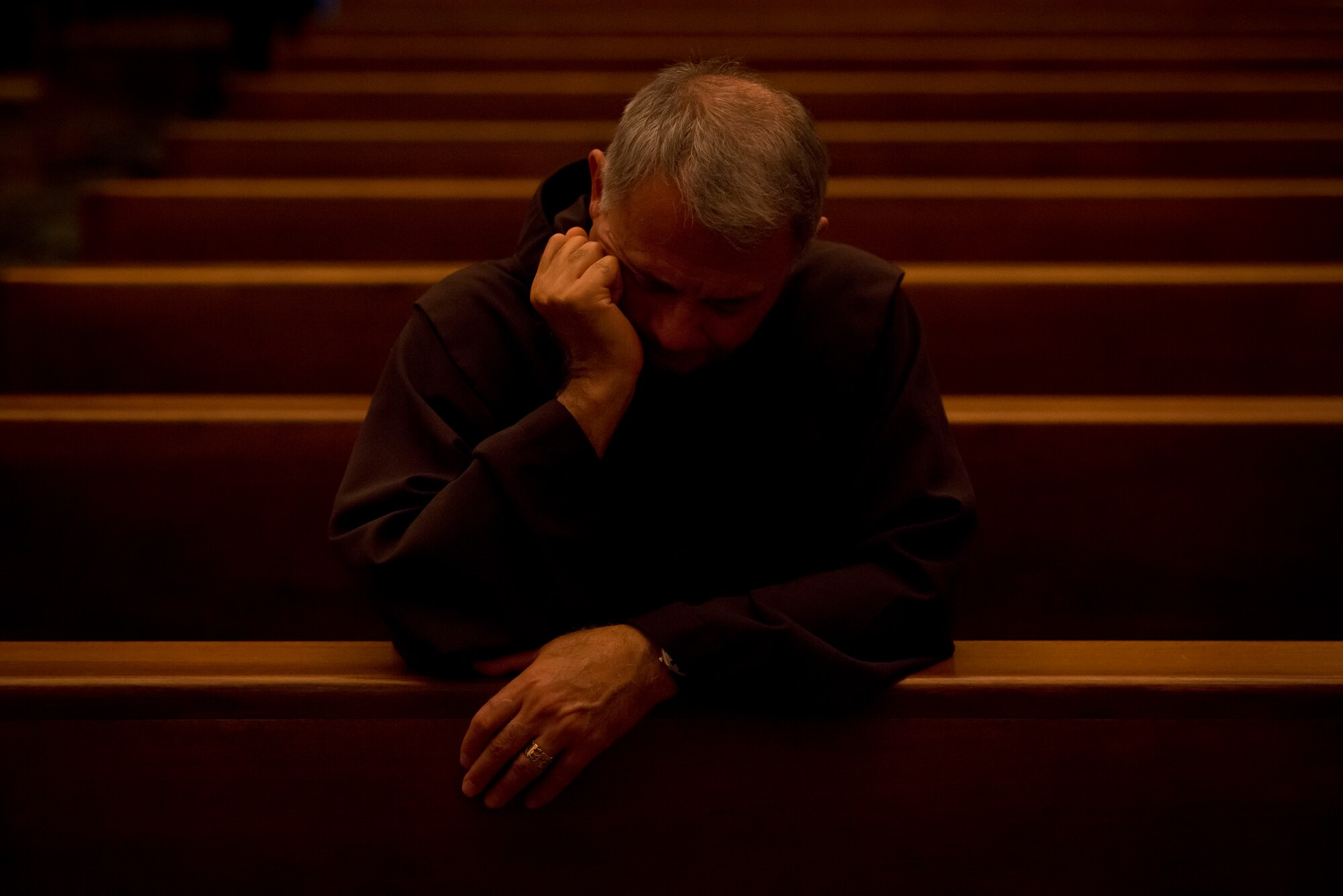 Retired Chaplain (Lt. Col.) Robert Bruno prays while in the campus chapel at the Pontifical Northern American College in Vatican City. Bruno participated in a sabbatical program that allowed him to rest to focus on himself after several decades of providing spiritual service to others while in the Air Force. (U.S. Air Force photo/Staff Sgt. Andrew Lee)