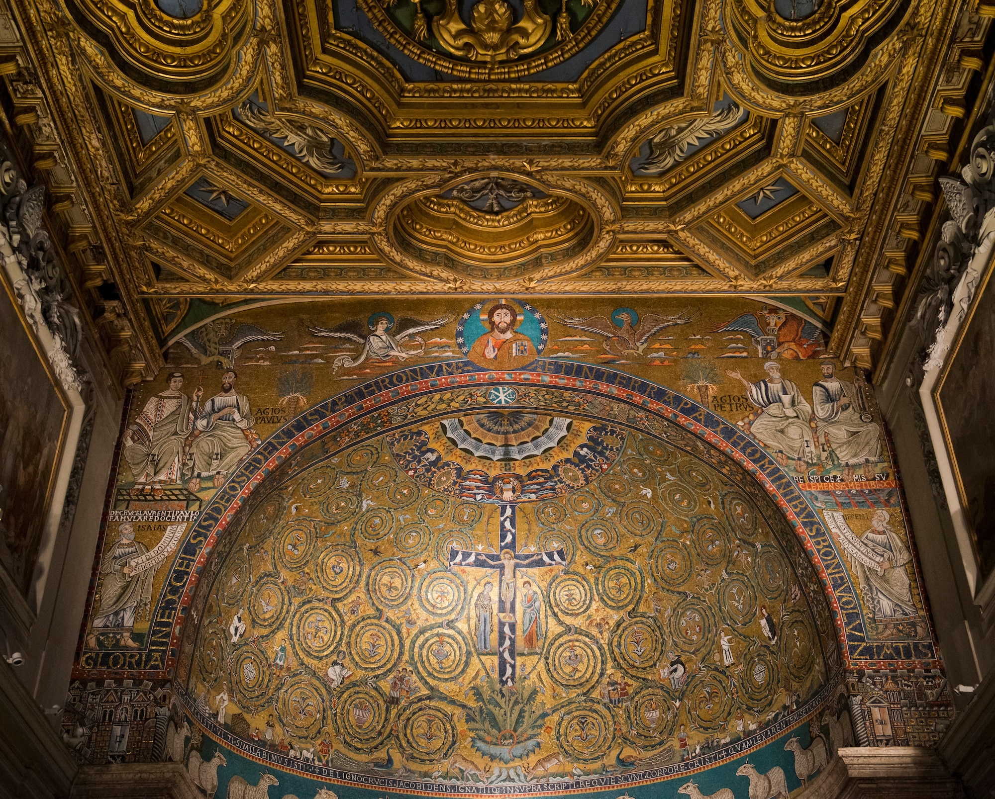 The mosaic apse of the Basilica of San Clemente in Rome was built in the 12th century, along with the present structure. The basilica has three levels of history. Beneath the present basilica is a fourth-century basilica. In the basement is a structure built in the first century. (U.S. Air Force photo/Staff Sgt. Andrew Lee)