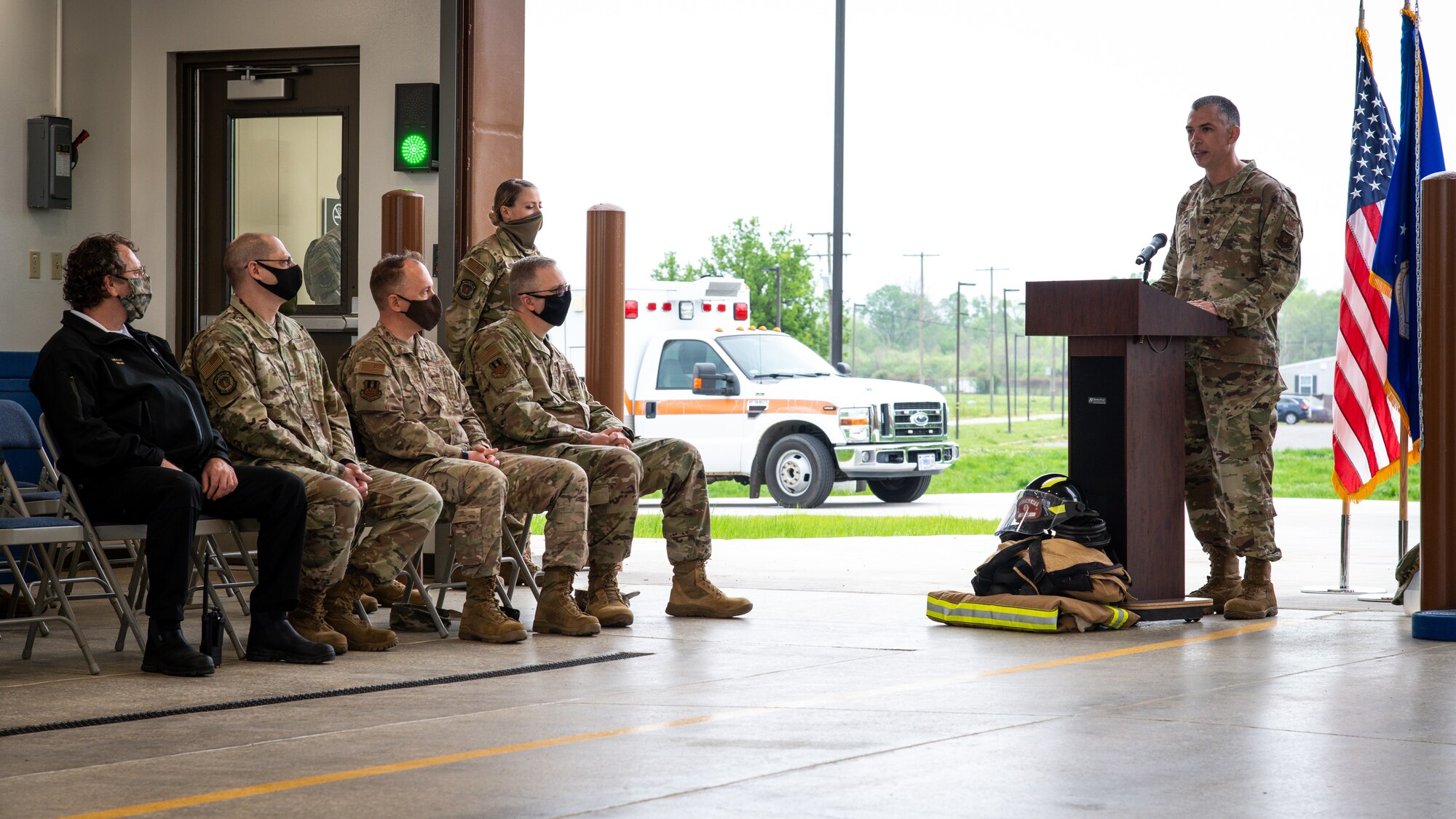 Lt. Col. Christopher Carnduff, 2nd Civil Engineer Squadron commander, addresses attendees of the ribbon cutting ceremony for Fire Station Two at Barksdale Air Force Base, Louisiana, April 7, 2021.