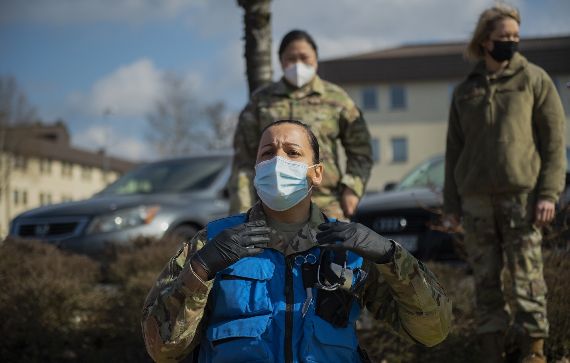 U.S. Air Force Tech. Sgt. Adrianne Littles, 52nd Medical Group independent duty medical technician, calls out for supplies during a simulated disaster exercise at the theater on Spangdahlem Air Base, Germany, March 26, 2021. Exercise Ready EAGLE tested the disaster response capabilities of Airmen within the 52nd MDG. (U.S. Air Force photo by Senior Airman Ali Stewart)
