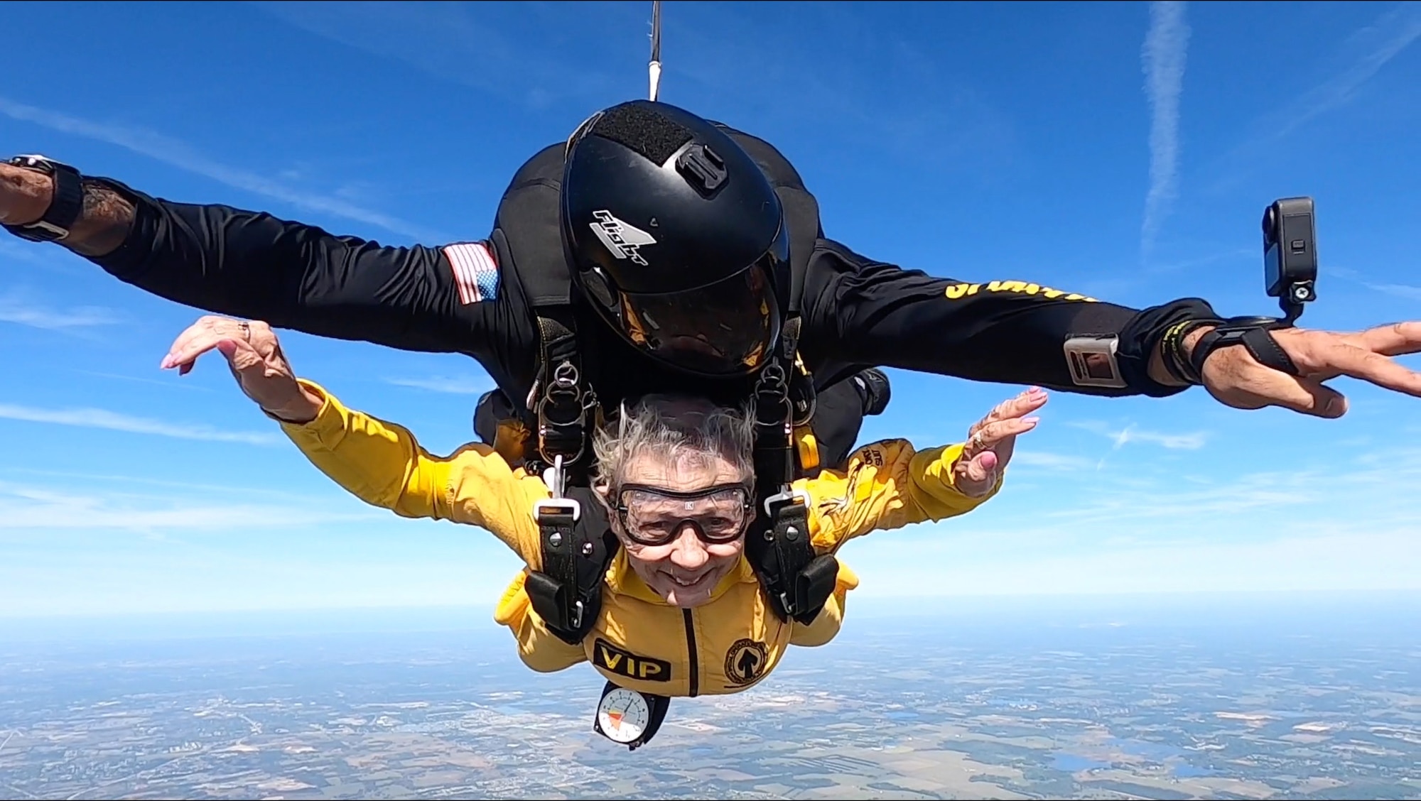 Sandee Rouse, Gold Star mother, and Army Sgt. Maj. Jose Vazquez, Special Operations Command Para-Commando, skydive March 13, 2021, in Zephyrhills, Florida.