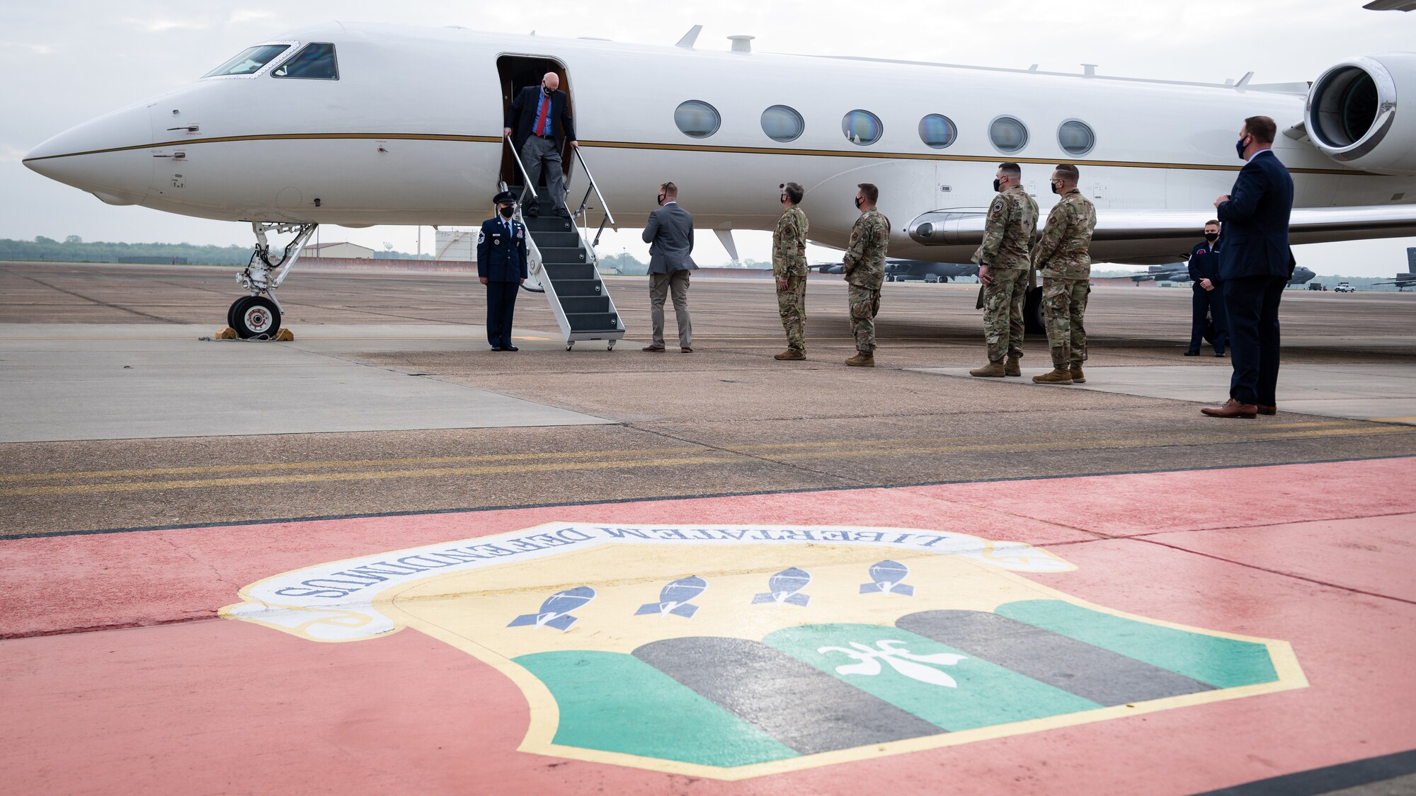 Leaders from the 2nd Bomb Wing and Air Force Global Strike Command greet the Honorable John P. Roth, acting Secretary of the Air Force, at Barksdale Air Force Base, Louisiana, April 6, 2021.