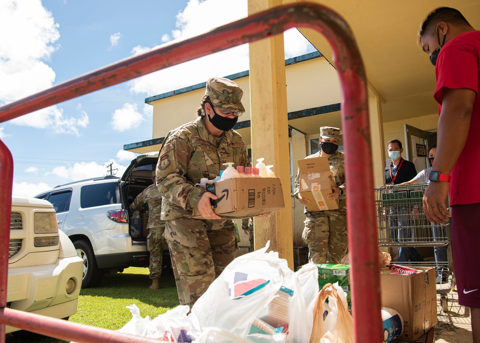 U.S. Air Force Airmen from Andersen Air Force Base’s Air Force Sergeants Association Chapter 1560 donate essential items at The Salvation Army Guam Corps headquarters in Barrigada, Guam, April 8, 2021. The AFSA members garnered more than 1,800 items through donation drives during the month of March, which totaled to $10,000 in assistance for The Salvation Army. (U.S. Air Force photo by Senior Airman Aubree Owens)