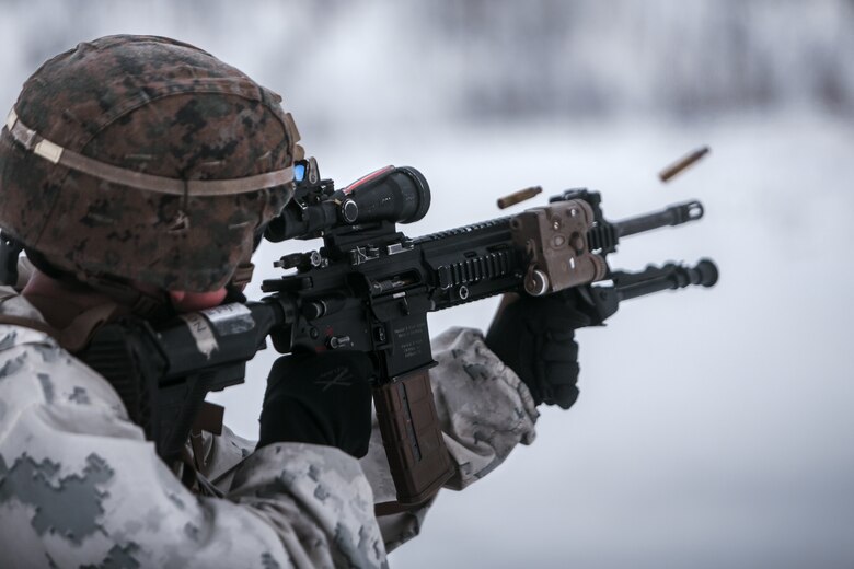 U.S. Marines with Marine Rotational Force Europe 21.1 (MRF-E), Marine Forces Europe and Africa, fire down range during a company live-fire attack as part of Exercise Arctic Littoral Strike in Blåtind, Norway, March 30, 2021.