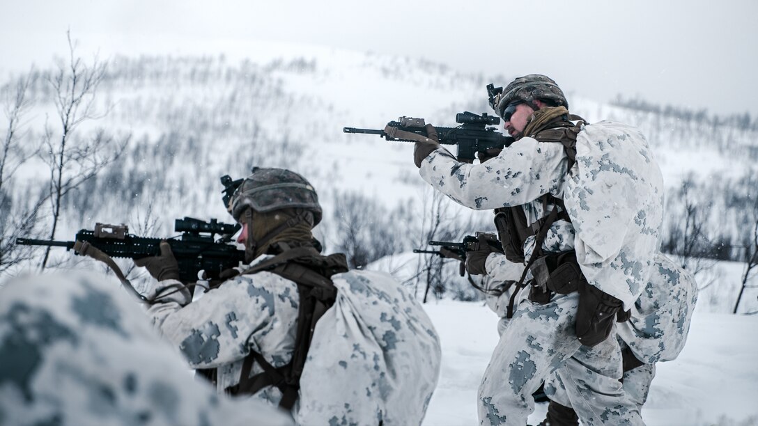 U.S. Marines with Marine Rotational Force Europe 21.1 (MRF-E), Marine Forces Europe and Africa, fire down range during a company live-fire attack as part of Exercise Arctic Littoral Strike in Blåtind, Norway, March 30, 2021