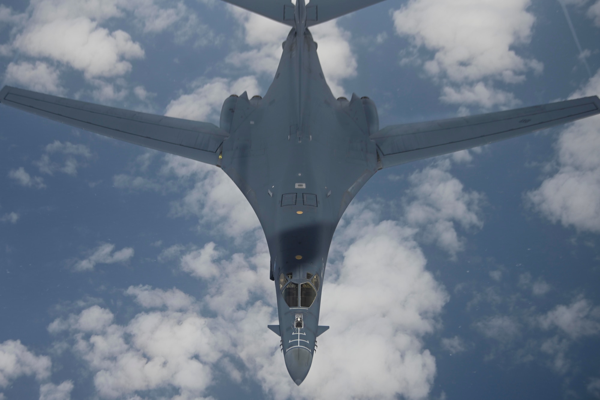 A U.S. Air Force B-1B Lancer aircraft assigned to the 28th Bomb Wing departs from a KC-135 Stratotanker aircraft assigned to the 100th Air Refueling Wing after receiving fuel during a Bomber Task Force mission over the Mediterranean Sea, April 7, 2021. U.S. bomber aircraft contribute to European regional security with the support of U.S. Air Forces in Europe and Air Forces Africa’s only permanent air refueling wing. (U.S. Air Force photo by Senior Airman Joseph Barron)