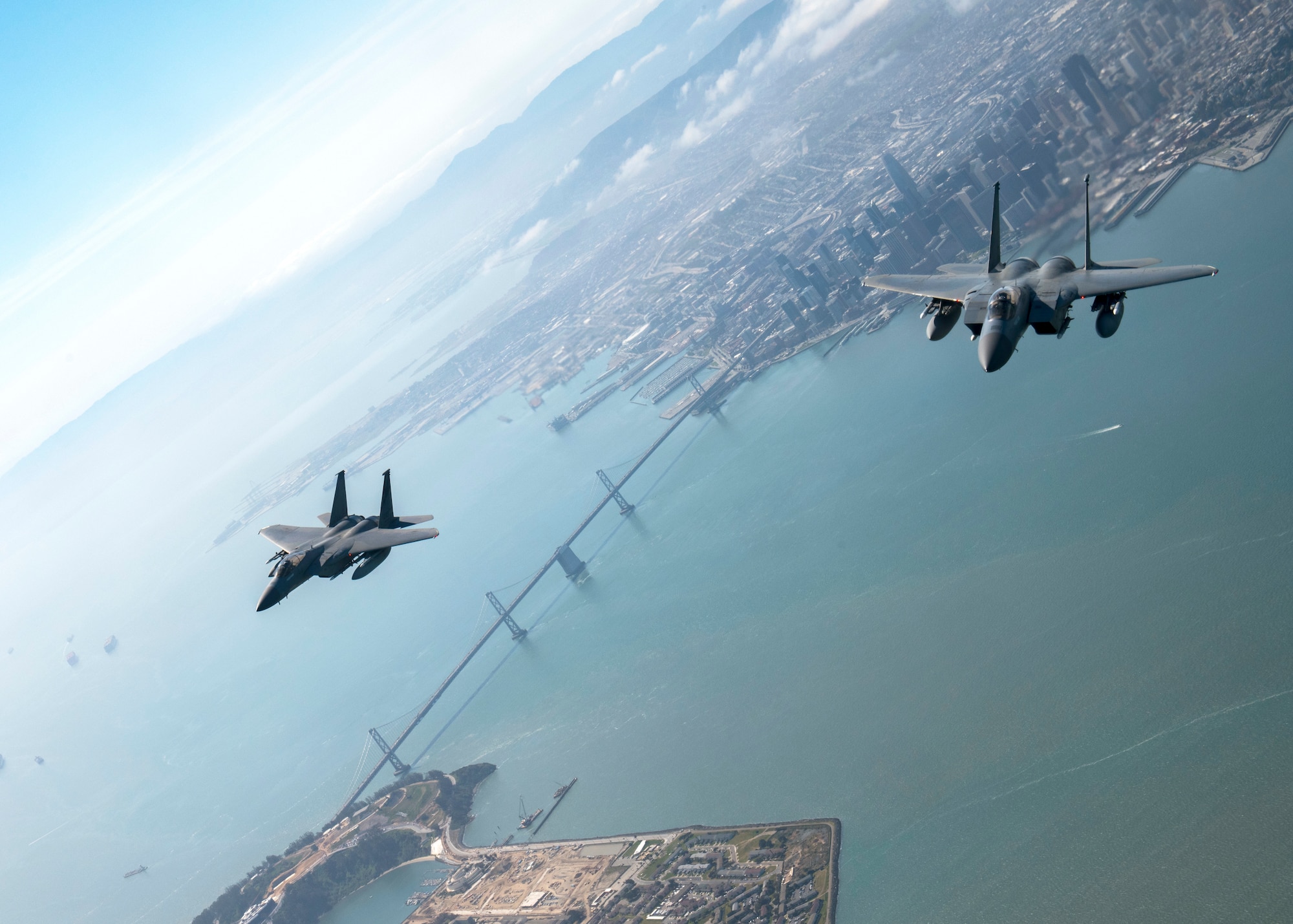 NORAD F-15 jet fighters flew simultaneously off both U.S coasts for Exercise Noble Defender April 6. Noble Defender simulated air defense of ports in the southeast and southwest.