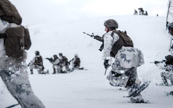 U.S. Marines with Marine Rotational Force Europe 21.1, Marine Forces Europe and Africa, buddy rush down range during a company live-fire attack as part of Exercise Arctic Littoral Strike in Blåtind, Norway, March 28, 2021. Exercise Arctic Littoral Strike improved MRF-E’s ability to confront the challenges of anti-access, area denial capabilities posed by a notional peer adversary in a contested littoral environment. MRF-E demonstrated the ability to support joint fleet operations by providing over watch to a Norwegian submarine and destroying a notional adversary integrated air defense system. MRF-E focuses on regional engagements throughout Europe by conducting various exercises, arctic cold-weather and mountain warfare training, and military-to-military engagements, which enhance overall interoperability of the U.S. Marine Corps with allies and partners.