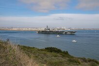 USS Abraham Lincoln (CVN 72) departs San Diego April 5, 2021, headed out to sea trials after undergoing a seven-month Planned Incremental Availability at Puget Sound Naval Shipyard & Intermediate Maintenance Facility's San Diego Detachment. Lincoln successfully completed sea trials April 7, 2021. (PSNS & IMF photo by Robin Lee)
