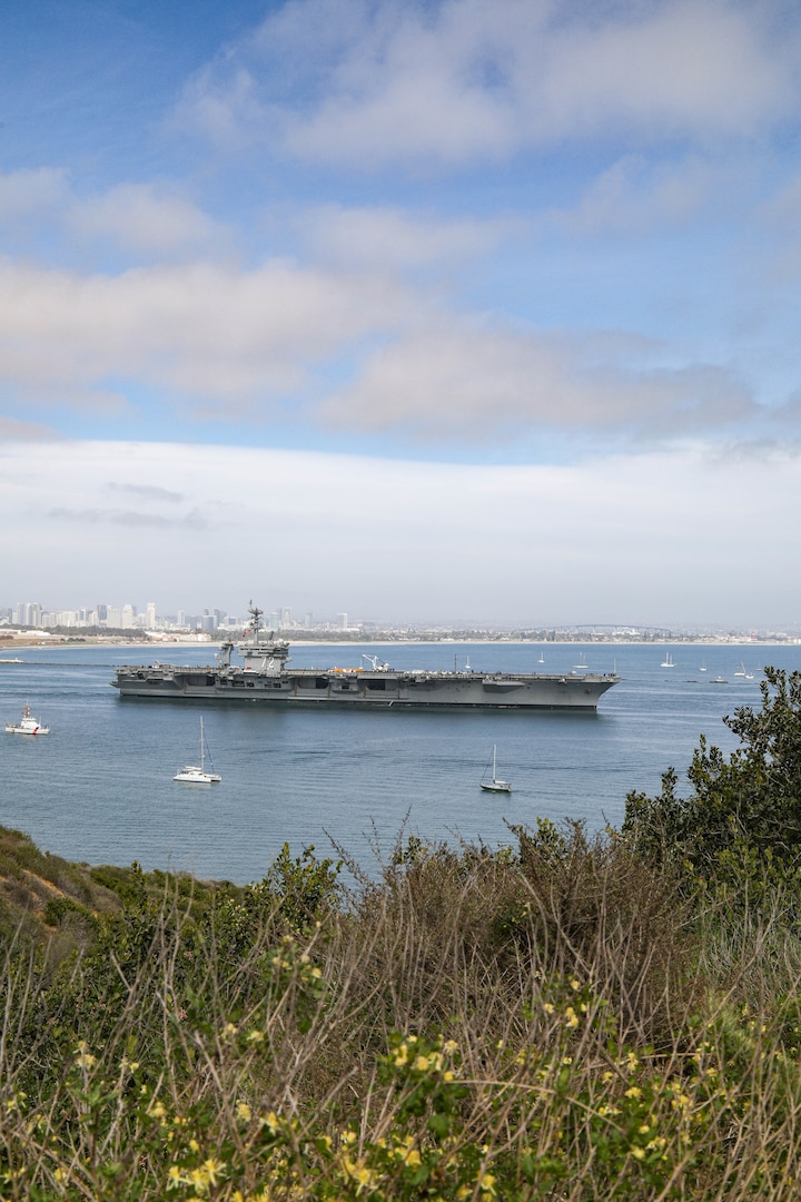 USS Abraham Lincoln (CVN 72) departs San Diego April 5, 2021, headed out to sea trials after undergoing a seven-month Planned Incremental Availability at Puget Sound Naval Shipyard & Intermediate Maintenance Facility's San Diego Detachment. Lincoln successfully completed sea trials April 7, 2021. (PSNS & IMF photo by Robin Lee)