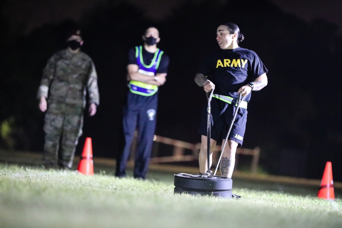 U.S. Army Reserve Staff Sgt. Natalie Tedesco, a psychological operations specialist with the 303rd Tactical Psychological Operations Company, participates in the Army Combat Fitness Test during day one of the 2021 U.S. Army Civil Affairs and Psychological Operations Command (Airborne) Best Warrior Competition at Fort Jackson, S.C., April 8, 2021. The USACAPOC(A) BWC is an annual competition that brings in competitors from across USACAPOC(A) to earn the title of “Best Warrior.” BWC tests the Soldiers’ individual ability to adapt and overcome challenging scenarios and battle-focused events, testing their technical and tactical skills under stress and extreme fatigue.