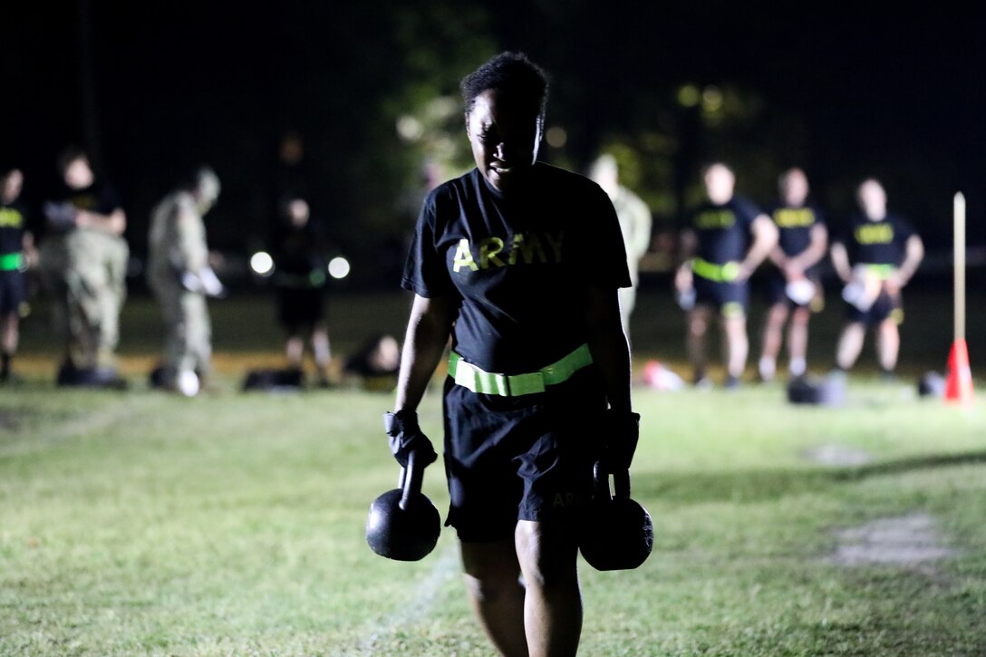 U.S. Army Reserve Staff Sgt. Valery Valtrain, an intelligence analyst with the 151st Theater Information Operations Group, participates in the Army Combat Fitness Test during day one of the 2021 U.S. Army Civil Affairs and Psychological Operations Command (Airborne) Best Warrior Competition at Fort Jackson, S.C., April 8, 2021. The USACAPOC(A) BWC is an annual competition that brings in competitors from across USACAPOC(A) to earn the title of “Best Warrior.” BWC tests the Soldiers’ individual ability to adapt and overcome challenging scenarios and battle-focused events, testing their technical and tactical skills under stress and extreme fatigue.