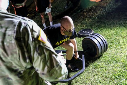 U.S. Army Reserve Spc. Daniel P. Bush, Jr., a civil affairs specialist with the 352nd Civil Affairs Command, participates in the Army Combat Fitness Test (ACFT) during day one of the 2021 U.S. Army Civil Affairs and Psychological Operations Command (Airborne) Best Warrior Competition at Fort Jackson, S.C., April 8, 2021. The USACAPOC(A) BWC is an annual competition that brings in competitors from across USACAPOC(A) to earn the title of “Best Warrior.” BWC tests the Soldiers’ individual ability to adapt and overcome challenging scenarios and battle-focused events, testing their technical and tactical skills under stress and extreme fatigue.