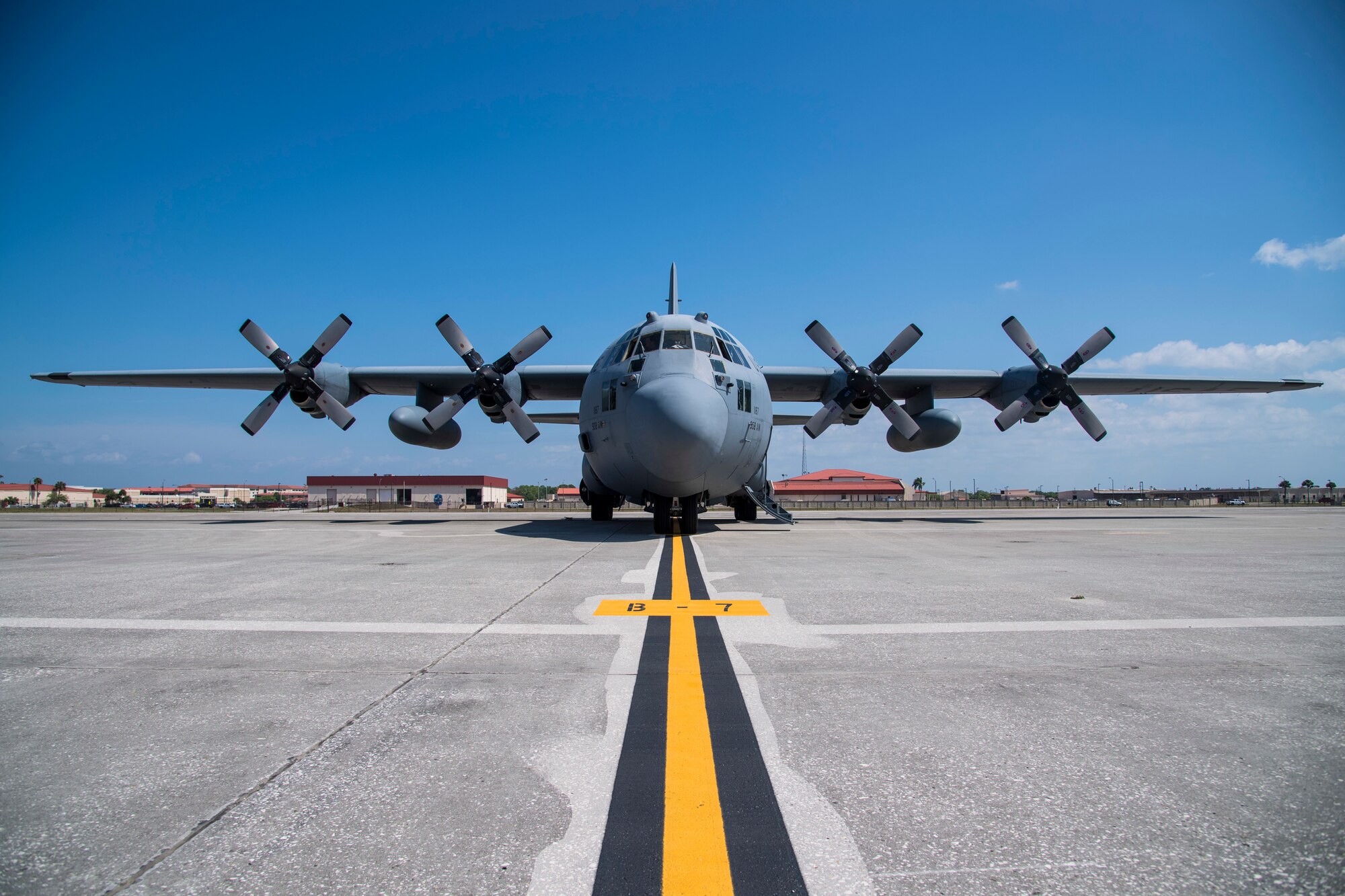 A C-130H Hercules aircraft assigned to the 357th airlift squadron sits on the flightline, March 18, 2021, at MacDill Air Force Base, Fla.