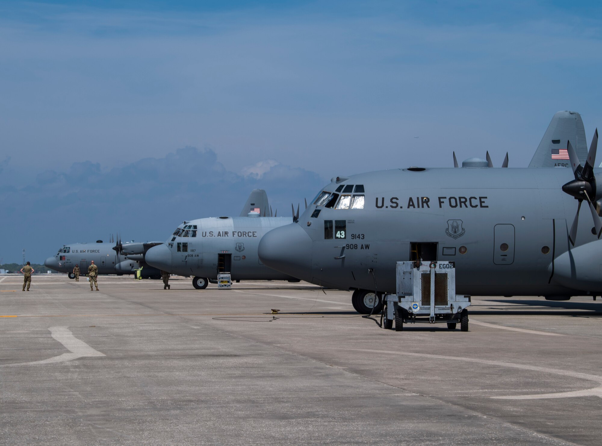 A group of C-130H Hercules aircraft assigned to the 357th airlift squadron prepare to take off, March 18, 2021, at MacDill Air Force Base, Fla.