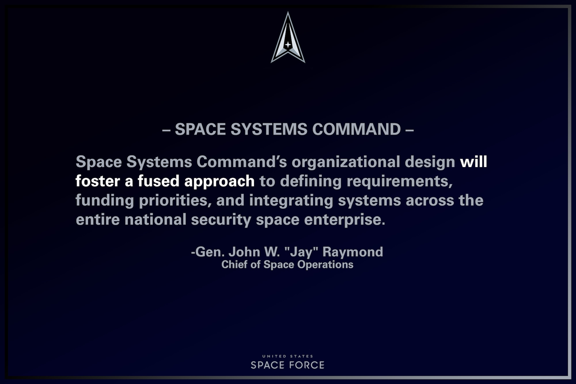 U.S. Space Force Chief of Space Operations, Gen. John W. "Jay" Raymond provided remarks on the standing-up of the Space Systems Command, Apr. 8, 2021, Los Angeles AFB, California. (U.S. Air Force graphic by Staff Sgt. James Richardson)