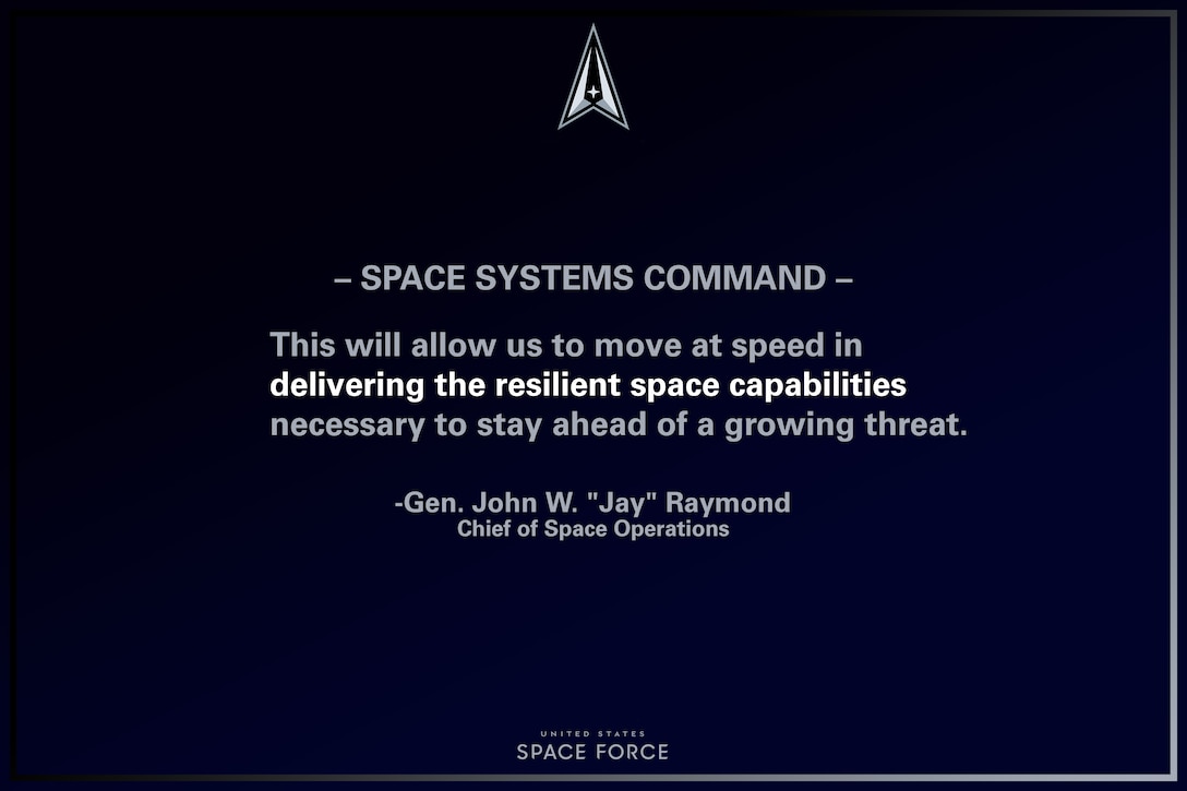U.S. Space Force Chief of Space Operations, Gen. John W. "Jay" Raymond provides remarks on the standing-up of the Space Systems Command, Apr. 8, 2021, Los Angeles AFB, California. (U.S. Air Force graphic by Staff Sgt. James Richardson)