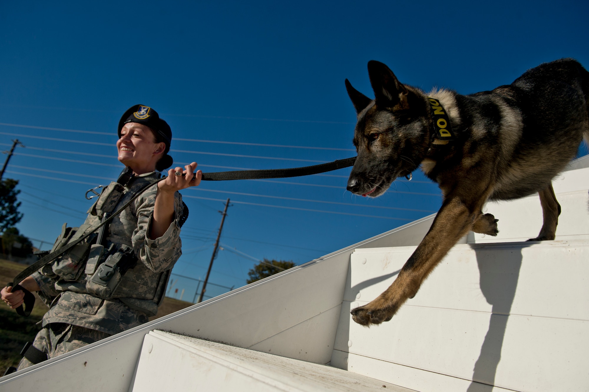 Senior Airman Chelsea LaFever escorts ZZusa down steps during training at Joint Base San Antonio-Lackland, Texas. Each morning, LaFever and other military working dog handlers interact with their assigned working dogs daily. LaFever and ZZusa have been training and developing chemistry to complete the day-to-day mission at JBSA-Lackland. (U.S. Air force photo/Staff Sgt. Vernon Young Jr.)