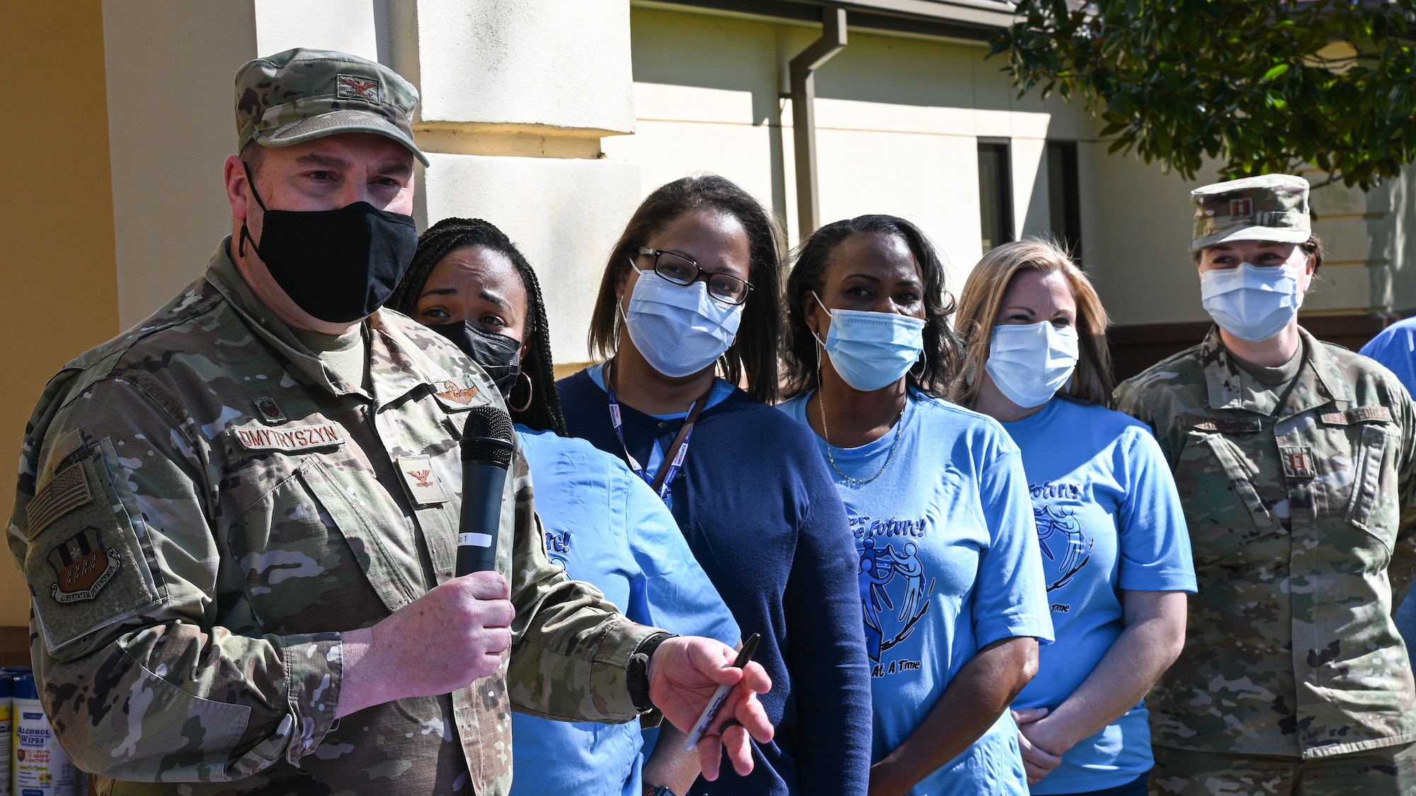 Col. Mark Dmytryszyn, 2nd Bomb Wing commander, gives a speech during the Military Child Parade at Barksdale Air Force Base, Louisiana, April 1, 2021.