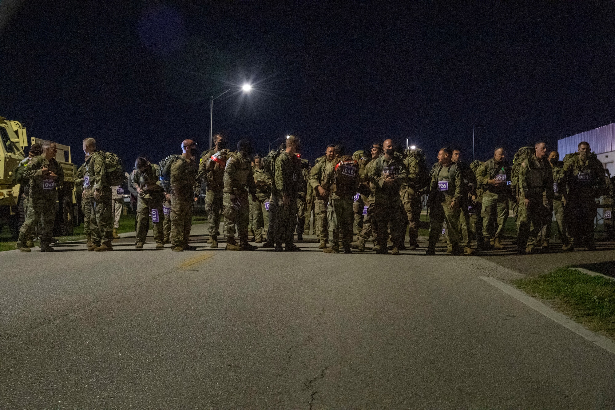Members of the Joint Communications Support Element prepare to start a Norwegian Foot March on April 2, 2021, at MacDill Air Force Base, Fla.