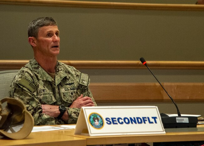NORFOLK, Va. (Apr. 7, 2021) - Vice Adm. Andrew Lewis, commander, U.S. 2nd Fleet (C2F), speaks during a virtual Tri-Party Staff Talks conference with U.S. 6th Fleet and II Marine Expeditionary Force. C2F exercises operational authorities over assigned ships, aircraft, and landing forces on the East Coast and the Atlantic. (U.S. Navy photo by Mass Communication Specialist 1st Class Jason M. Pastrick)