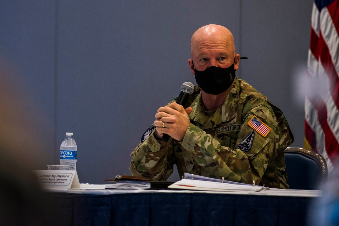 U.S. Space Force Gen. John W. “Jay” Raymond, Chief of Space Operations, leads a conversation during a Senior Leader Summit at Los Angeles Air Force Base, Calif., April 7, 2021. Raymond, along with Chief Master Sergeant of the Space Force Roger A. Towberman, traveled to LAAFB to lead and participate in a number of planned events that included a Senior Leader Summit, Civic Leader Engagement, virtual all call and the announcement of the planned organizational structure for Space Systems Command which is scheduled to activate this summer. (U.S. Space Force photo by Staff Sgt. Luke Kitterman)