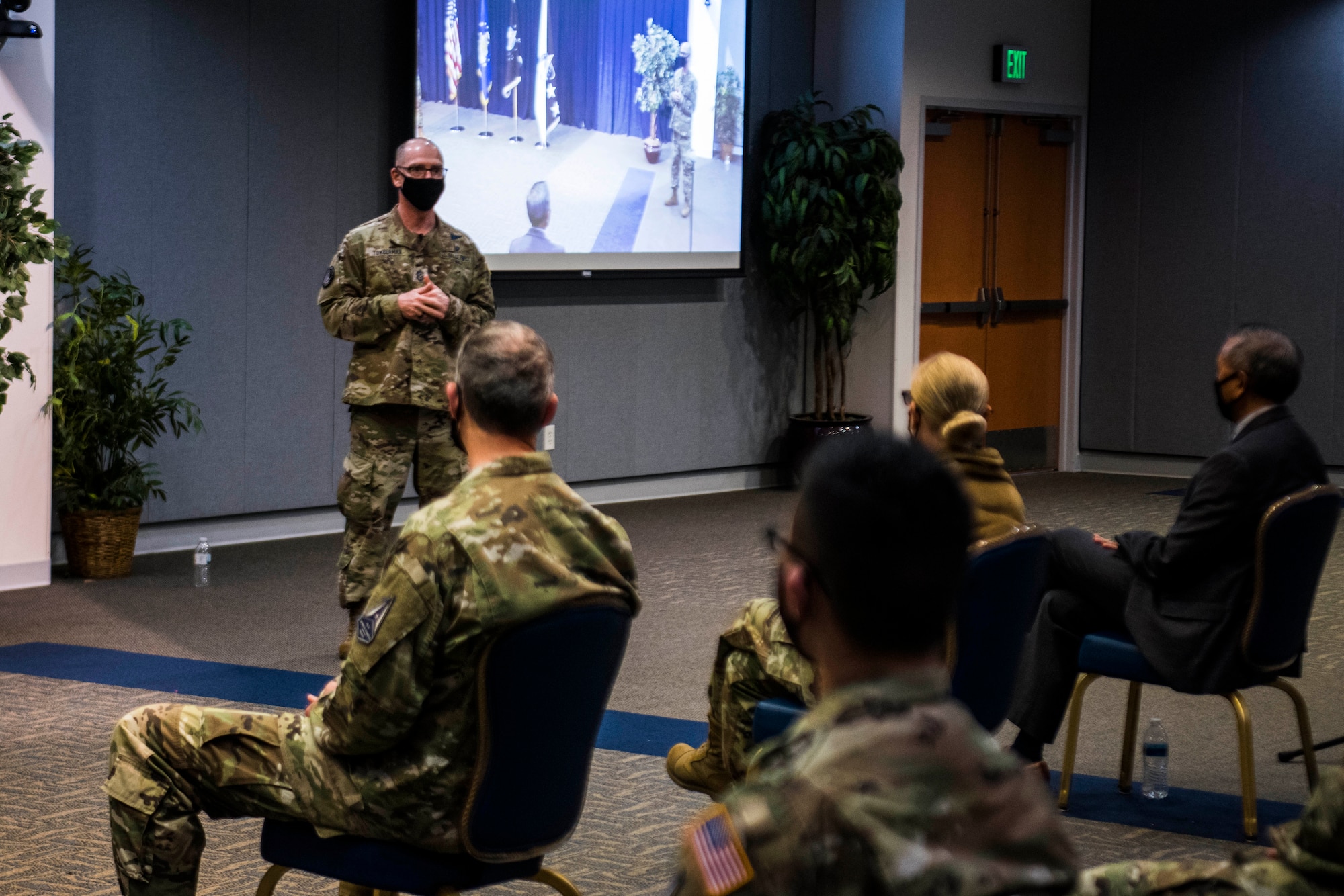 Chief Master Sergeant of the Space Force Roger A. Towberman, answers a question during a ‘Q&A’ portion of an all call at Los Angeles Air Force Base, California, April 8, 2021. Towberman spoke to the hand-selected Space Force transferees on creating a lean, agile force to compete with U.S. adversaries and protect and defend critical space capabilities. (U.S. Space Force photo by Staff Sgt. Luke Kitterman)