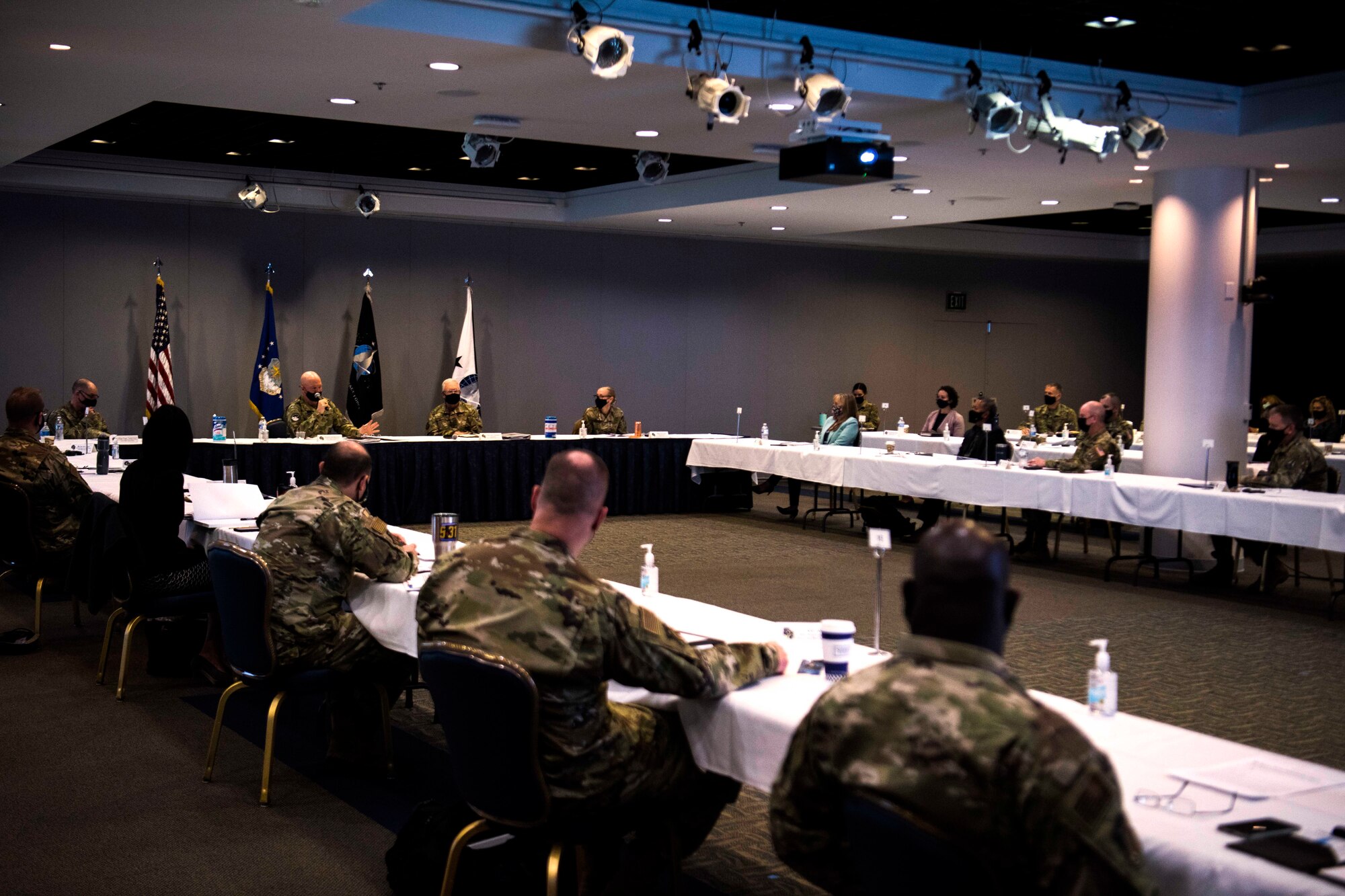 Leaders from the U.S. Space Force, Space and Missile Systems Center, and 61st Air Base Group congregate, in-person and virtually, for a Senior Leader Summit at Los Angeles Air Force Base, California, April 7, 2021. More than 30 attendees participated in the event led by U.S. Space Force Gen. John W. “Jay” Raymond, Chief of Space Operations, who focused on the topic of “Where we’ve been, where we’re headed” regarding the past, present and future of the Space Force. (U.S. Space Force photo by Staff Sgt. Luke Kitterman)