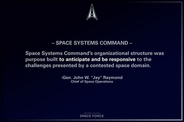 U.S. Space Force Chief of Space Operations, Gen. John W. "Jay" Raymond provided remarks on the standing-up of the Space Systems Command, Apr. 8, 2021, Los Angeles AFB, California. (U.S. Air Force graphic by Staff Sgt. James Richardson)